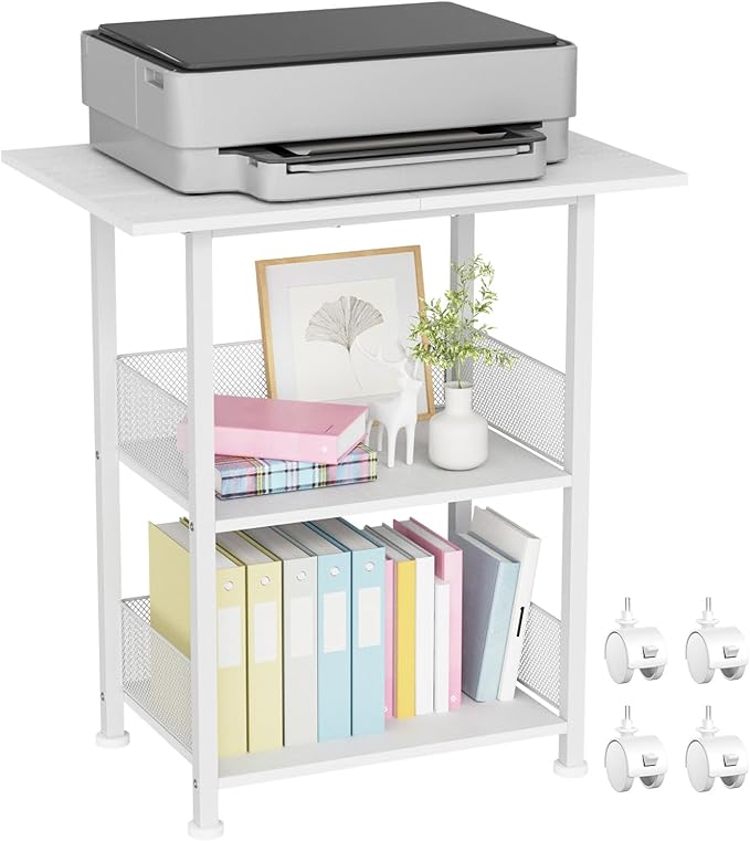Printer Stand, 3-Tier Industrial Large Printer Table with Shelf, 23"x15" Mobile Heavy Duty Storage Rack on Wheels for Home Office Printer Fax Machine Scanner Copier, White