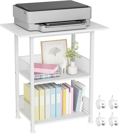 Printer Stand, 3-Tier Industrial Large Printer Table with Shelf, 23"x15" Mobile Heavy Duty Storage Rack on Wheels for Home Office Printer Fax Machine Scanner Copier, White