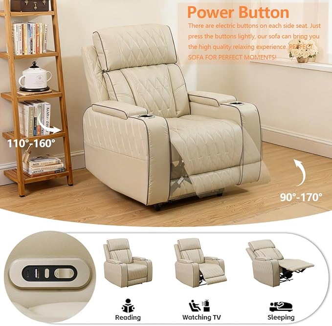 Power Reclining Couch Set for Living Room, Living Room Furniture Sets Include 1 Recliner Chair, 3 Seat Sofa, Soft Leather Khaki Recliner Sofa Furniture Set for Home and Office