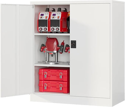 Metal Garage Storage Cabinets with Lock, 36" Tall Tool Cabinet with 2 Door and 2 Adjustable Shelves, Locking Garage Cabinets and Lockable Steel Locker for Home Office Warehouse - (White-36”H)