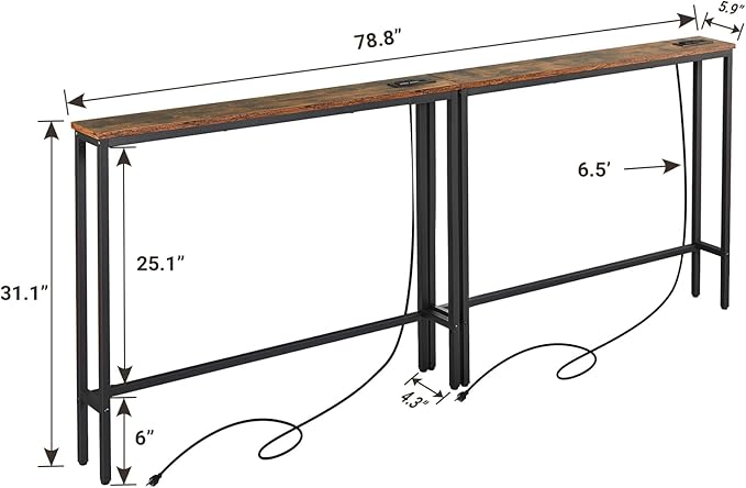 ELYKEN 2 Pack 5.9" Narrow Console Sofa Table with Power Outlets, 5.9" D x 39.4" W x 31.1" H Long Couch Table with Metal Frame and Charge Station with 6.5’ Extension Cord, Rustic Brown