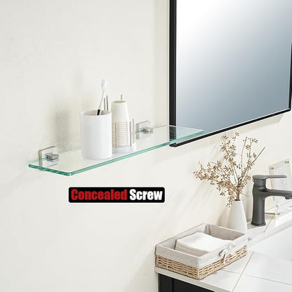 JQK Bathroom Glass Shelf, Floating Tempered Glass Shower Storage 20 by 5 inches, 304 Stainless Steel Brushed Finish Wall Mount, TGS201L20-BN