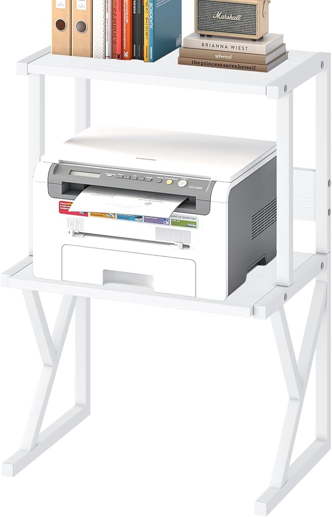 aboxoo Desktop Printer Stand with 3 Tier Wood Storage Shelves,Under Desk Printer Table,Multi-Purpose Home Office Desk Organizer for Fax Machine, Scanner (White)