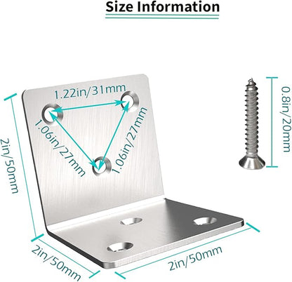 Stainless Steel Corner Bracket,Joint Right Angle Bracket,L Shape Heavy Duty Metal Corner Brace Shelf Supporter for Wood Aufuga (20, 2x2x2)