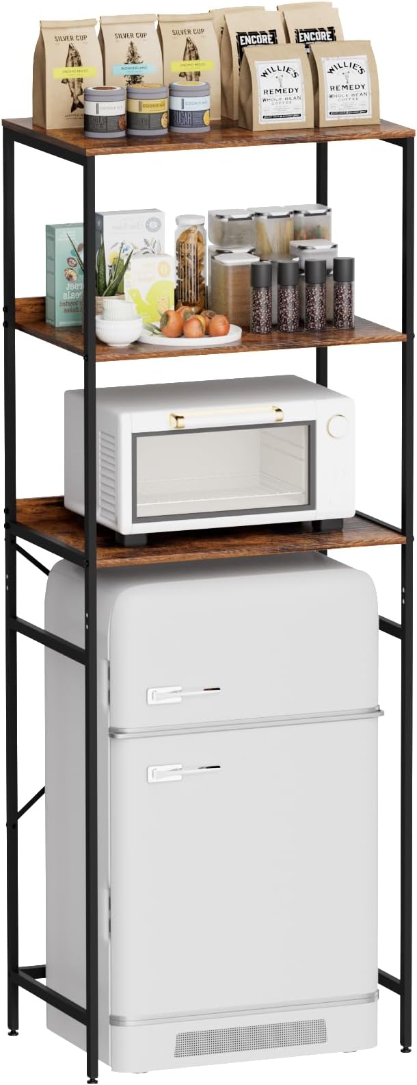 Mini Fridge Shelf Mini Fridge and Microwave Stand Over Mini Fridge Storage Rack 3 Tier Microwave and Fridge Stand Suitable for Dorm, Kitchens, Offices, Brown