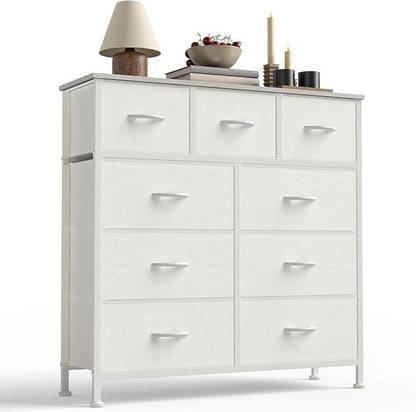 DUMOS Dresser for Bedroom, Storage Organizer with 9 Drawers, Chest of Drawers with Fabric Bins, Sturdy Metal Frame, Wood Tabletop for Guest Room, Closet, Entryway, White