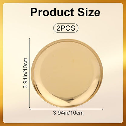2pcs Gold Round Serving Trays, Stainless Steel Trinket Dish Decorative Jewelry Tray Small Gold Platters for Jewelry Cosmetics Countertop Dish