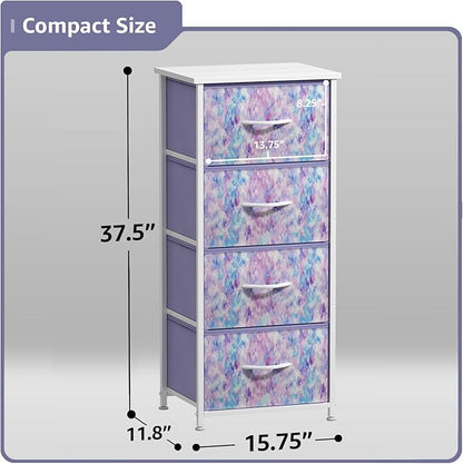 Sorbus Dresser Storage Tower, Organizer Drawers For Closet Boys & Girls Bedroom Bedside Furniture, Chest for Home, College Dorm, Steel Frame, Wood Top, Tie-dye Fabric Bins (4-Drawer, Blue/Pink/Purple)