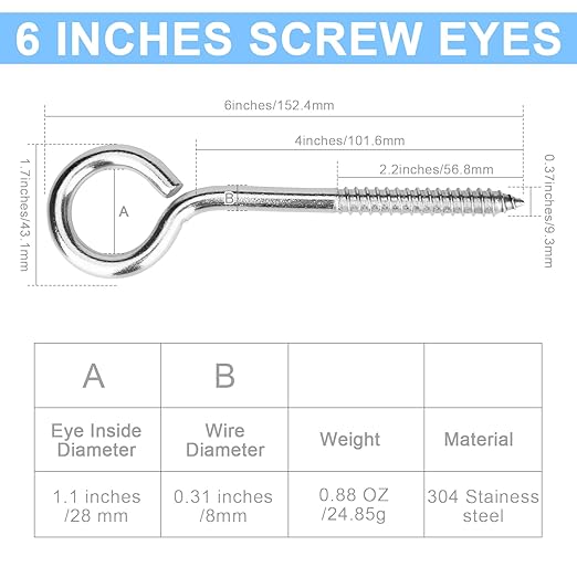 Aovchei Eye Screws, 4 Pcs 6 inches 304 Heavy Duty Stainless Steel Screw Hooks, Rust-Resistant Self Tapping Eyelet Bolts for Wood, Securing Cables Wires, Indoor & Outdoor for Hanging Artwork