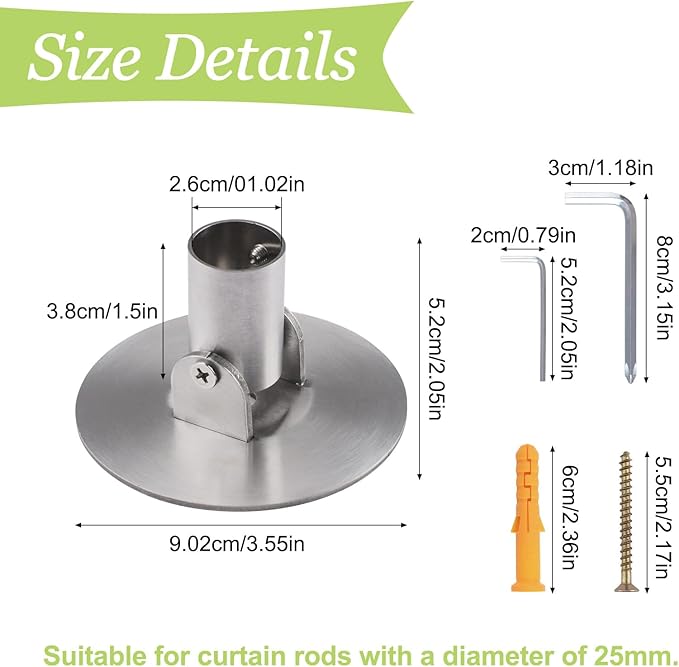 Shower Curtain Rod Bracket, 2Pcs 26mm Inner Diameter Titanium Steel Shower Curtain Rod Single Swivel Flange Curtain Rod Wall-Mount Bracket with Screws (Silver)