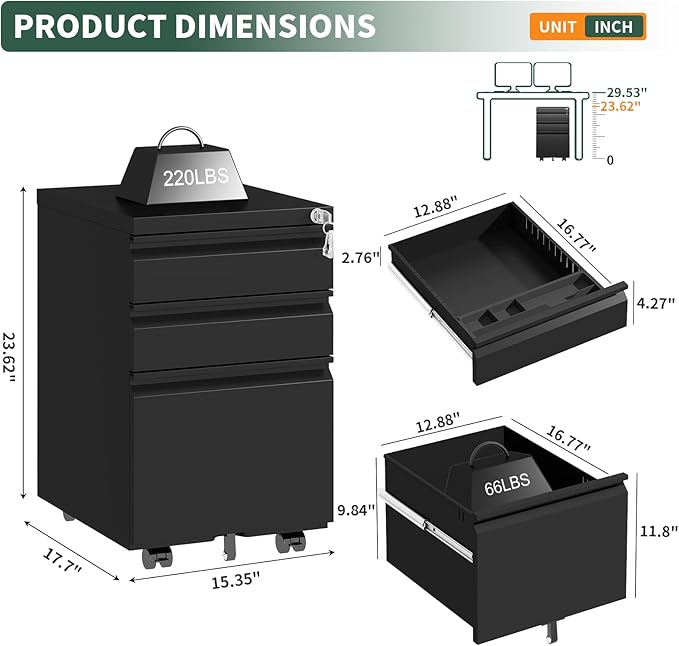 3 Drawer File Cabinet with Lock,Under Desk Rolling Small Filing Cabinet for Home Office Storage,Mobile Steel Cabinets with Wheels,Fully Assembled,Black