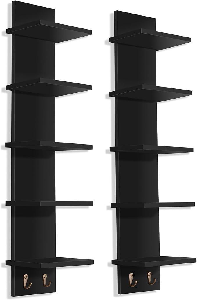 Sorbus 5 Tier Wall Shelf Unit with Hooks, Vertical Column Utility Shelving for Home Decor and Storage Organizer, Wall-Mounted Floating Shelves for Bathroom Storage, Bedroom (2 Pack)