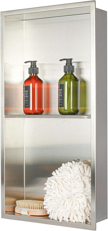 Stainless Steel no Tile Needed Metal Niche,Double Shelves，Stainless Steel Finished Shower Insert Wall Niche(Brush, 24 * 12 in)