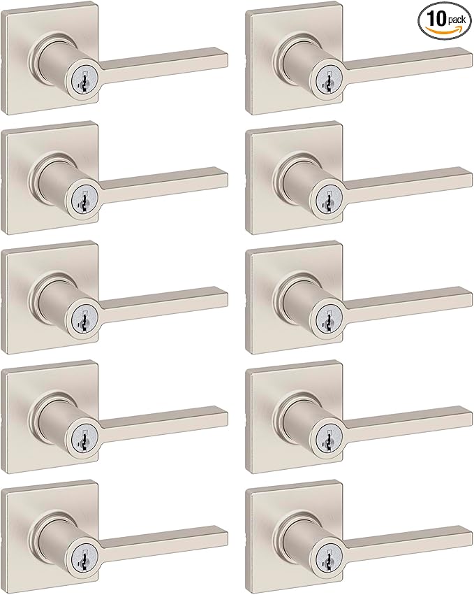 Kwikset Casey Entry Door Handle with Lock and Key, Secure Keyed Reversible Lever Exterior, for Front Entrance and Bedrooms, Satin Nickel, 10 Pack, Pick Resistant SmartKey Rekey Security and Microban