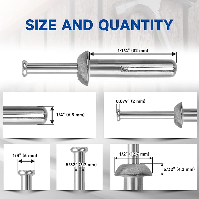 meite Hammer Drive Anchors 1/4" x 1-1/4" for Metal Brackets & Pipe Supports, Concrete & Masonry Fasteners, Zinc-Plated Steel, High Holding Power (3 Boxes)