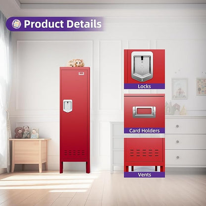 Metal Storage Locker with Lock & Card Slot Locker - Secure Lockable Door - Steel Locker for School, Office, Gym, Home - 54" H x 15" W x 15" D（1 Door, Red）