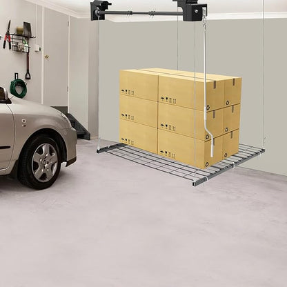 Garage Lifting Storage Rack, 250lbs Adjustable Overhead Garage Storage Rack Heavy-duty 4x4 FT Garages Ceiling Storage Lift Max. Adjustable Height 96in (Matte Black 250Lbs)
