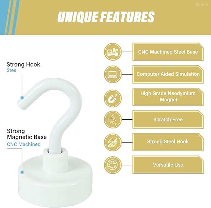 Neosmuk Magnetic Hooks, Heavy Duty 40lb+ Strong Magnet Hook for Cruise Cabins, Cruise Ship Essentials for Hanging, Metal Wall Refrigerator Hangers (White, 10 Pack)