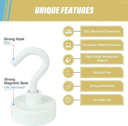 Neosmuk Magnetic Hooks, Heavy Duty 40lb+ Strong Magnet Hook for Cruise Cabins, Cruise Ship Essentials for Hanging, Metal Wall Refrigerator Hangers (White, 10 Pack)