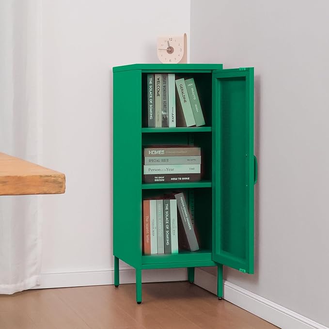 Slim Metal Storage Cabinet with Mesh Doors - 42'' Tall Narrow Organizer Tower, Compact Freestanding Cabinet, Versatile Utility Storage for Home, Office, Bedroom, or Kitchen, Durable and Modern Design