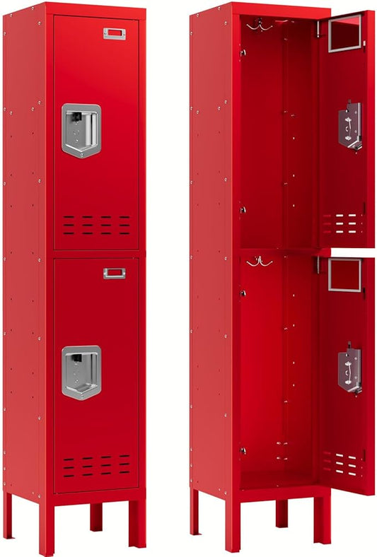 Metal Storage Locker with Lock & Card Slot Locker - Secure Lockable Door - Steel Locker for School, Office, Gym, Home - 66.15" H x 11.8" W x 11.8" D（2 Door, Red）