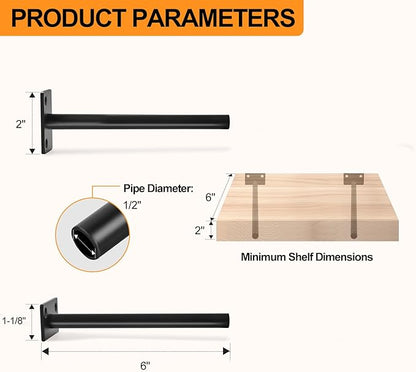 12 Pcs 6" Black Steel Floating Shelf Bracket Blind Shelf Supports - Hidden Brackets for Floating Wood Shelves - Concealed Blind Shelf Support – Screws and Wall Plugs Included