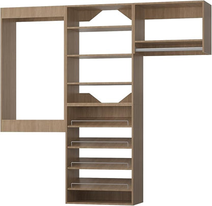 ROOMTEC Modular Closet System, 96" Wall Mounted Modern Closet Organizer with Hanging Rods and Shoe Shelf, Wooden Tower for Walk-In Closets, Wardrobe Storage Kit, Wood