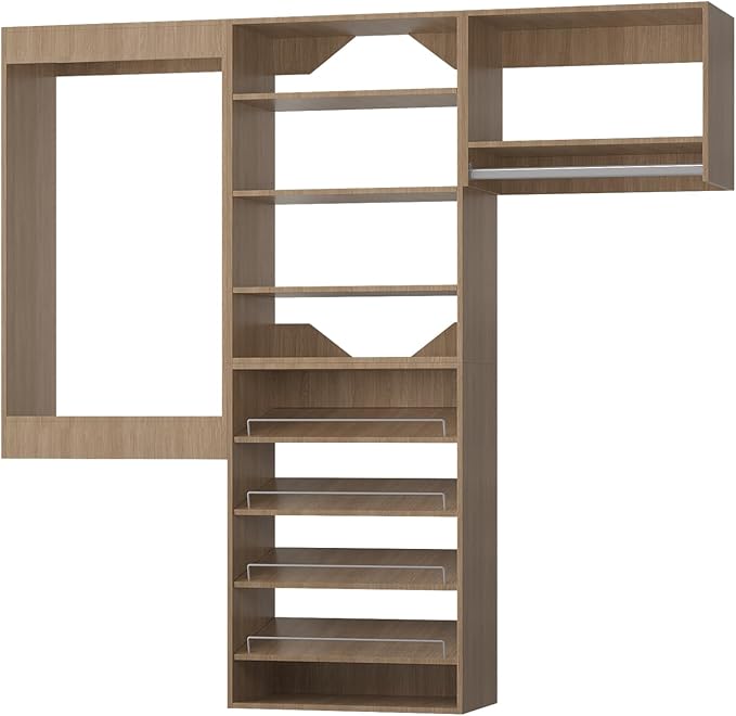 ROOMTEC Modular Closet System, 72" Wall Mounted Modern Closet Organizer with Hanging Rods and Shoe Shelf, Wooden Tower for Walk-In Closets, Wardrobe Storage Kit, Wood