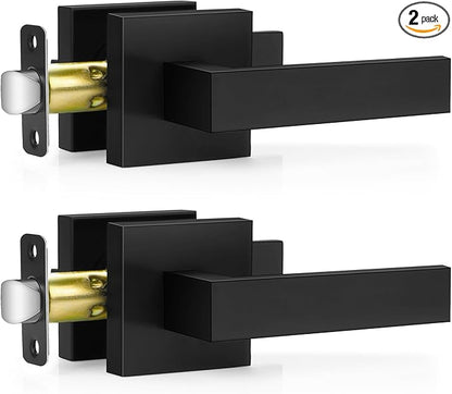 2 Pack Matte Black Door Handles, Passage Door Levers for Hallway & Closet, Interior Keyless Door Knobs Heavy Duty Square Non-Locking Handlesets(2.0lb), Reversible for Left & Right Sided Doors