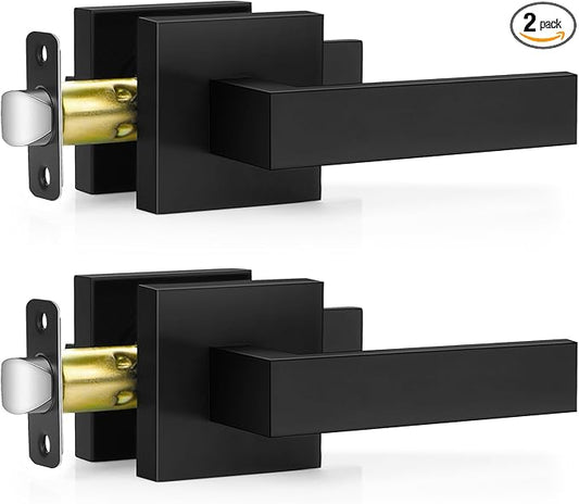 2 Pack Matte Black Door Handles, Passage Door Levers for Hallway & Closet, Interior Keyless Door Knobs Heavy Duty Square Non-Locking Handlesets(2.0lb), Reversible for Left & Right Sided Doors