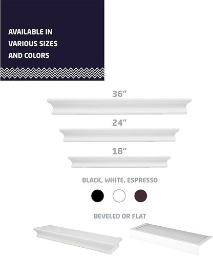 HIGH & MIGHTY Decorative 18" Floating Shelf Holds up to 15 lbs, Easy Tool-Free Dry Wall Installation, Beveled, White | 515654