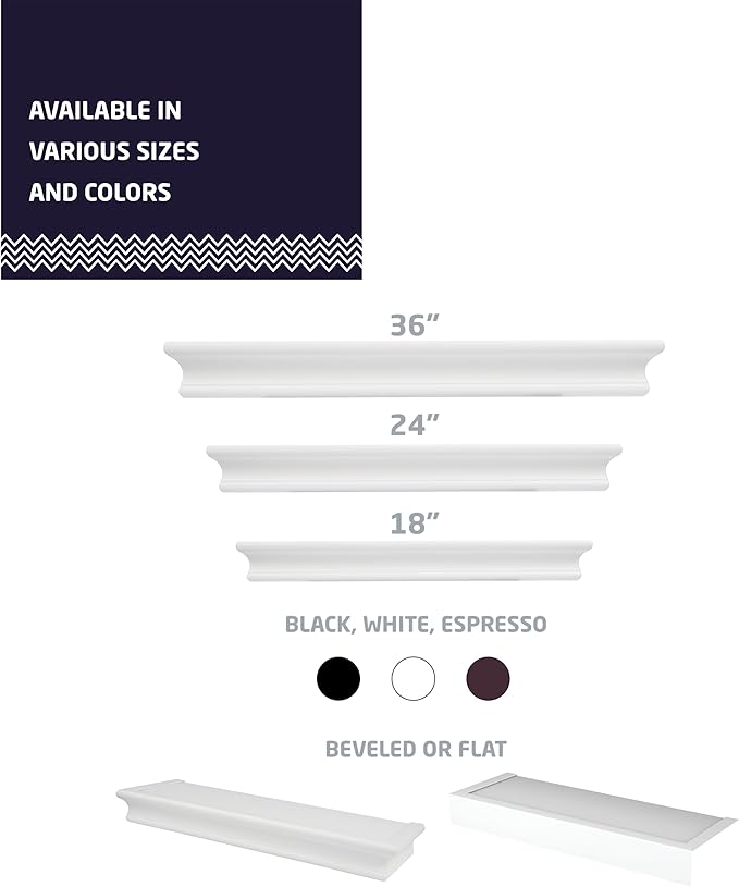 HIGH & MIGHTY 515604 Decorative 18" Floating Shelf Holds up to 15lbs, Easy Tool-Free Dry Wall Installation, Beveled, White