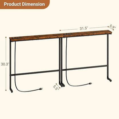 63 Inch Narrow Console Table with 2 Power Outlets, Behind Couch Table with Charging Station, Small Space Sofa Behind Table for Living Room, Entryway, Hallway, Rustic Brown