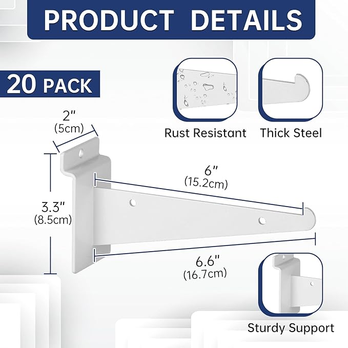 20 Pack Metal Slatwall Shelf Brackets with Lip Heavy Duty, Slatwall Accessory for Panels Shelving, Garage, Retail Display (White, 6 Inch)