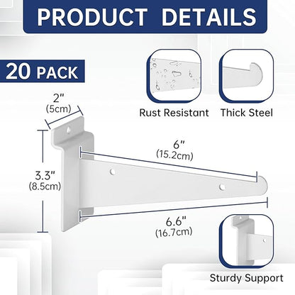 20 Pack Metal Slatwall Shelf Brackets with Lip Heavy Duty, Slatwall Accessory for Panels Shelving, Garage, Retail Display (White, 6 Inch)