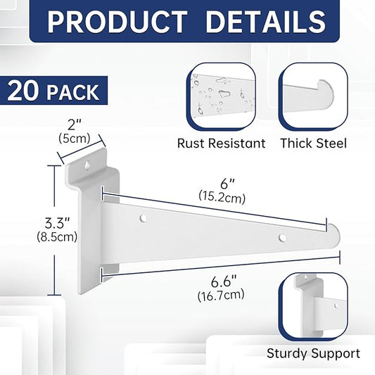 20 Pack Metal Slatwall Shelf Brackets with Lip Heavy Duty, Slatwall Accessory for Panels Shelving, Garage, Retail Display (White, 6 Inch)