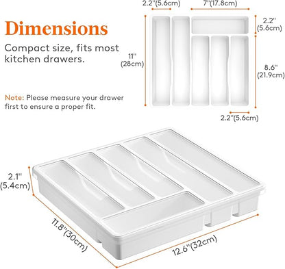 Lifewit Silverware Organizer with Lid, Covered Utensil Tray for Kitchen Drawer and Countertop, Plastic Cutlery and Flatware Storage Box for Spoons Forks Knives Holder Case, 12.6x11.8", White