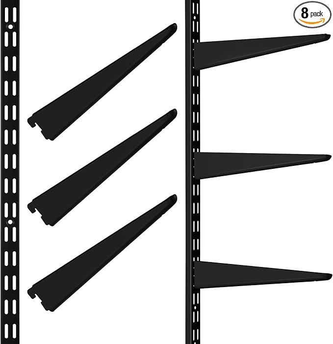 8 Pcs Black Twin Rail Upright Wall Shelving System 25 Inch with Adjustable Shelf Bracket 11.5 Inch Heavy Duty Storage Rack Metal Support System for Kitchen Closet Home Indoor