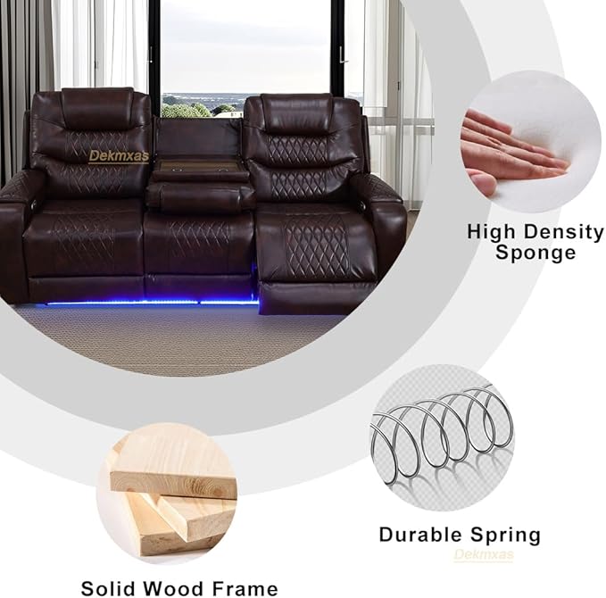 Living Room Furniture Sets, Power Reclining Sofa Couches with LED Light, Brown Breathing Leather Recliner Power Sofa with Drop-Down Table/Cup Holder/USB Port for Living Room, Office, Rv Car