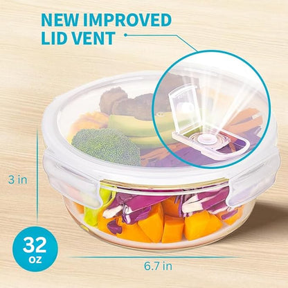 Igluu Meal Prep Round Glass Containers with Air Vent Lids (5 Pack+Extra Lid) – Airtight & BPA-Free – Oven, Microwave, Freezer and Dishwasher Safe – 32oz – Durable Borosilicate Glass