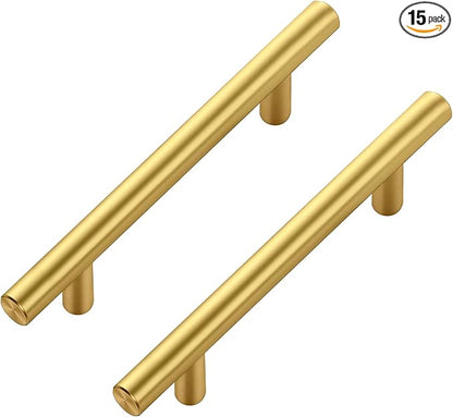 JOY DECOR 15 Pack Cabinet Handles, Gold Cabinet Pulls, 3-3/4 in Hole Center Kitchen Cabinet Handles, Stainless Steel T Bar Handles for Dresser Drawers