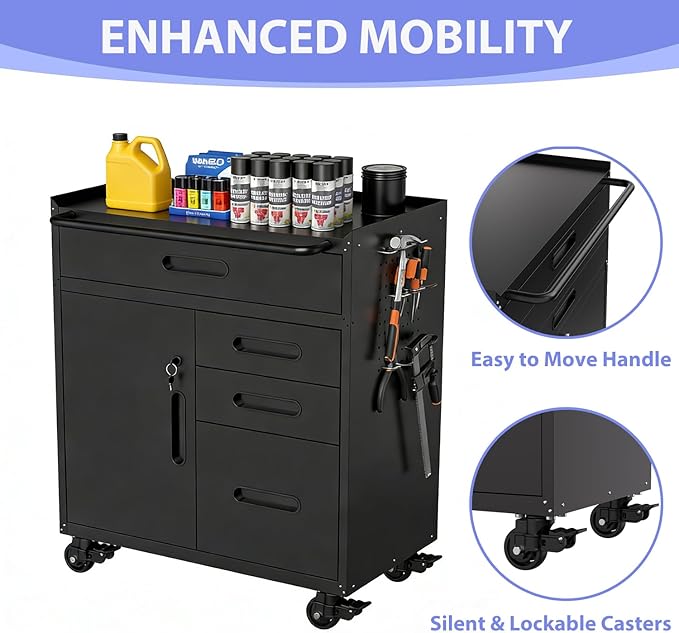 Metal Garage Storage Cabinet on Wheels, Lockable Rolling Tool Cabinet with Doors and 4 Drawers, Heavy Duty Mobile Steel Cabinet for Garage Warehouse Workshop