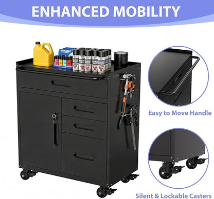Metal Garage Storage Cabinet on Wheels, Lockable Rolling Tool Cabinet with Doors and 4 Drawers, Heavy Duty Mobile Steel Cabinet for Garage Warehouse Workshop