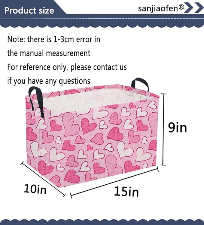 Sanjiaofeng Rectangular Valentine's Day Basket Love Storage Bins,Girls Storage Basket with Handles.Clothers,Books,Kid's Gifts Bins. (Mottled heart)