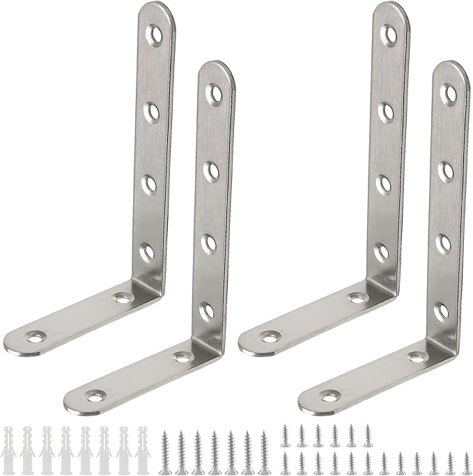 Luomorgo 4 Pcs L Shaped Brackets for Shelves, Heavy Duty Stainless Steel, Decorative Corner Brace Joint Right Angle Wall Hanging Bracket with Screws, 5 x 3 Inch, Silver