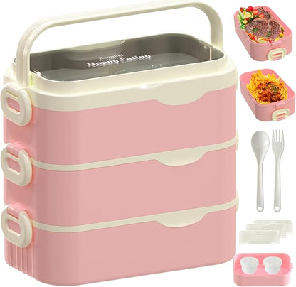 Bento Box Adult Lunch Box, Stackable 3 Layers Large Capacity Lunch Containers, Microwave and Dishwasher Safe Food Grade Containers with Utensils, Dividers and Sauce Boxes for Men, Women, Kids