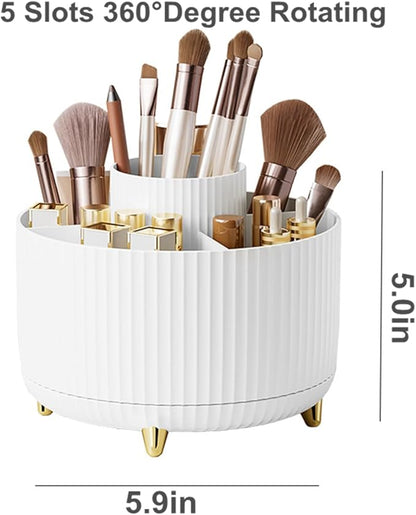 360 Degree Rotating Makeup Brush Holder Organizer Detachable Design 5 Slot Make up Brushes Cup for Cosmetics and Pencil Pen Organizer for Desk Makeup Organizer Skincare Storage for Vanity (White1)