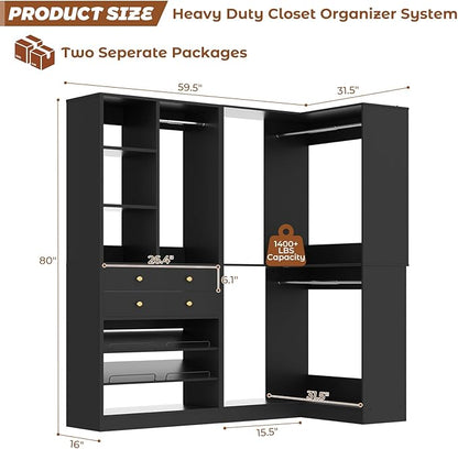 Closet System with 2 Drawers, 3 Hanging Rods, 59.5" * 31.5" Closet Organizer System with Corner Tower, Reversible L Shaped Walk-in Closet System, Corner Closet System Set of 2, Black