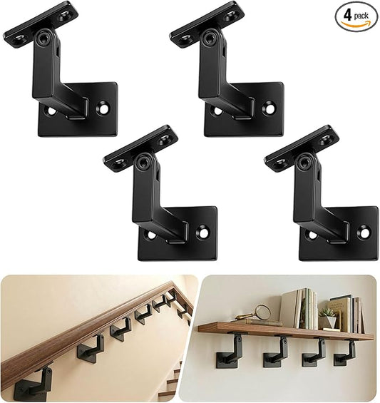 4 Pack Handrail Brackets, Laysmkit Adjustable Handrail Bracket for Staircase, Black Hand Rail Bracket, Wall Mounted Stair Railing Brackets with Installation Hardware for Stairs, Bedroom, Corridors