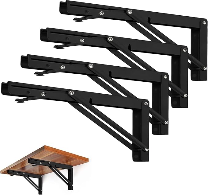Storystore Folding Shelf Brackets - 14 Inch Heavy Duty Metal Collapsible Shelf Bracket for Bench Table, Shelf Hinge Wall Mounted Space Saving DIY Bracket, Max Load: 150 lb (4 PCS, Black)